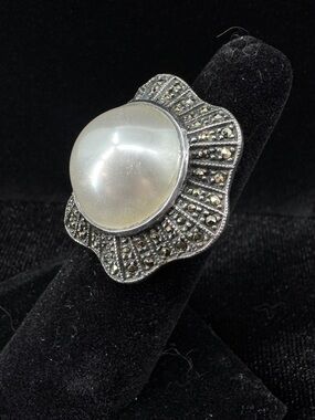 Judith Jack Sterling Silver Faux Pearl Marcasite Statement Ring and Earrings